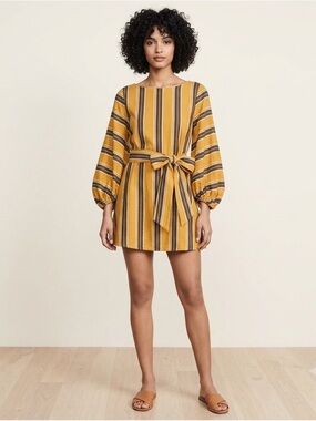 L'ATISTE Mustard Yellow Striped Long Sleeve Mini Dress w/ Belt Tie - Size M
